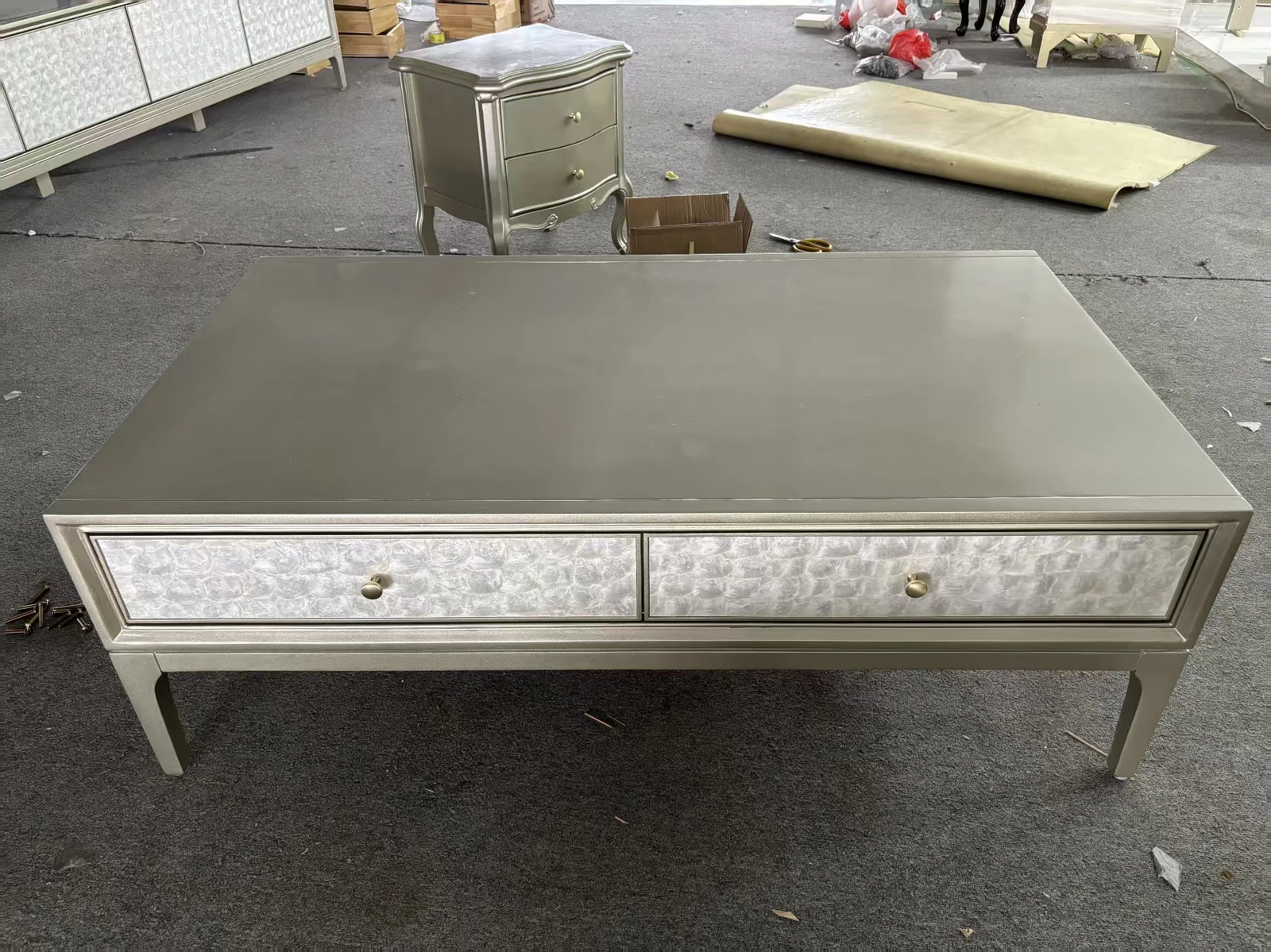 Silver metallic coffee table with two drawers