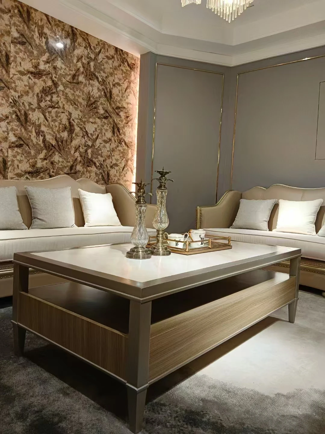Modern rectangular coffee table with decorative items