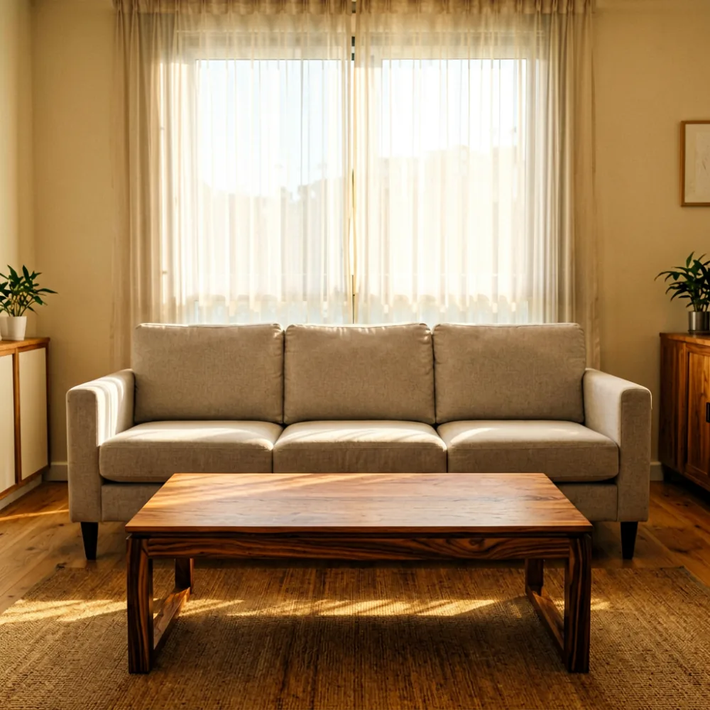Solid teak coffee table in a bright Singapore HDB living room with neutral sofa and morning light