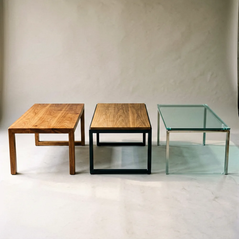 Comparison of solid wood, metal-frame, and glass coffee table materials on a neutral background