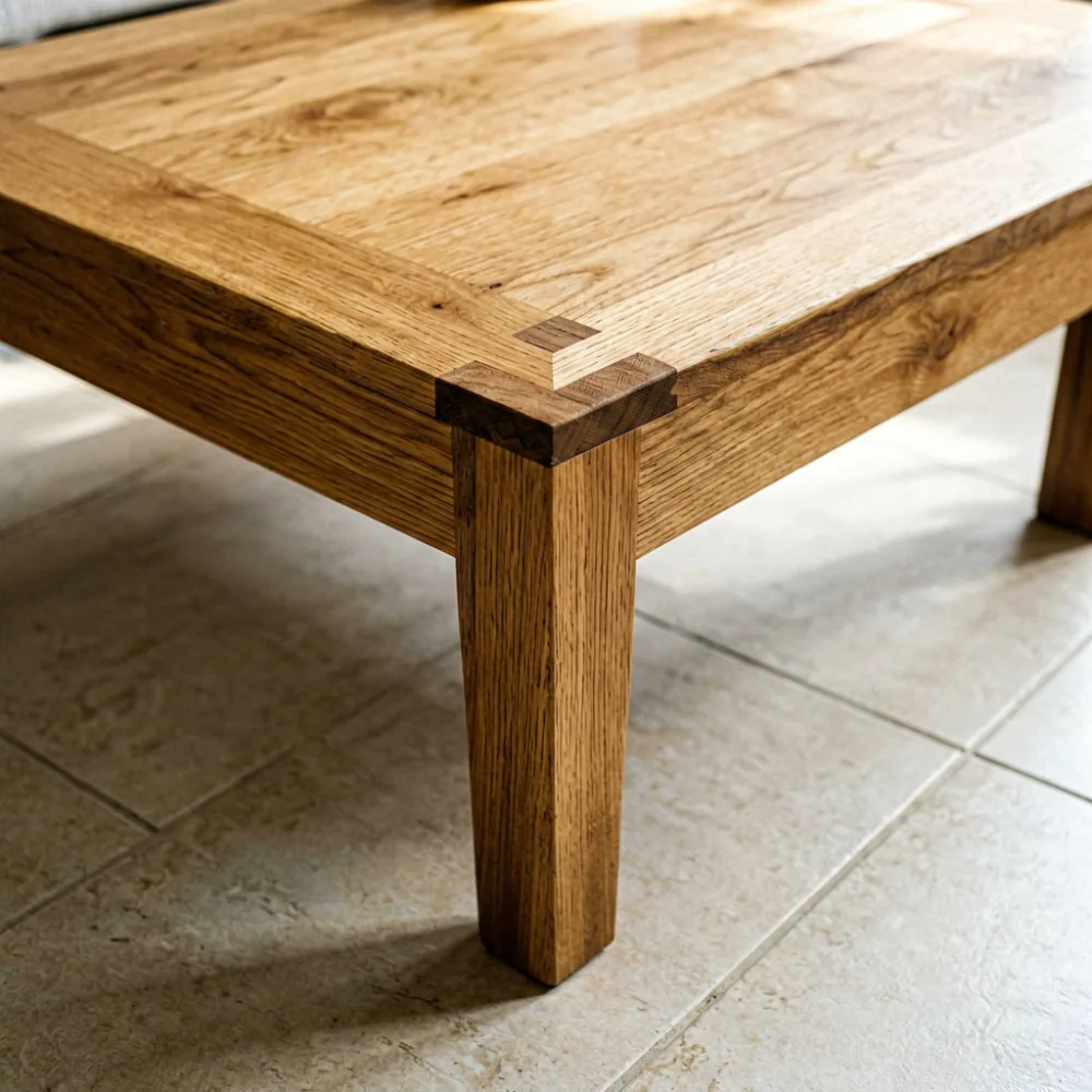 Close-up of solid acacia wood coffee table showing joint construction and surface finish on tiled floor