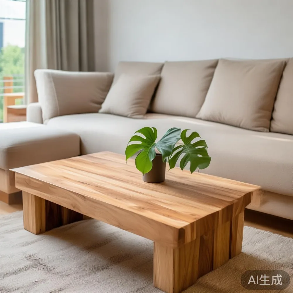 Compact solid wood coffee table in a bright Singapore HDB 4-room living room with a 3-seater sofa