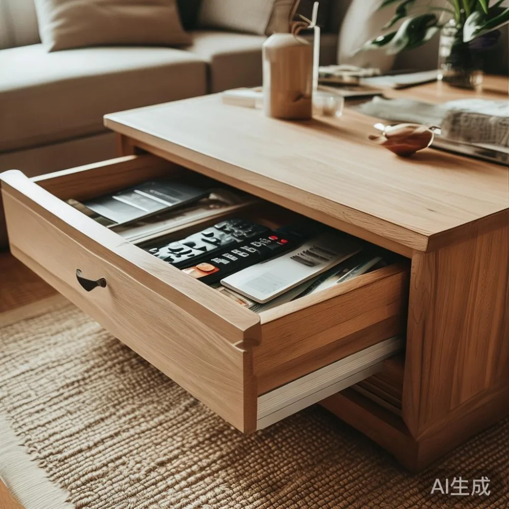 Storage coffee table with open drawer holding remotes and magazines in a small Singapore condo