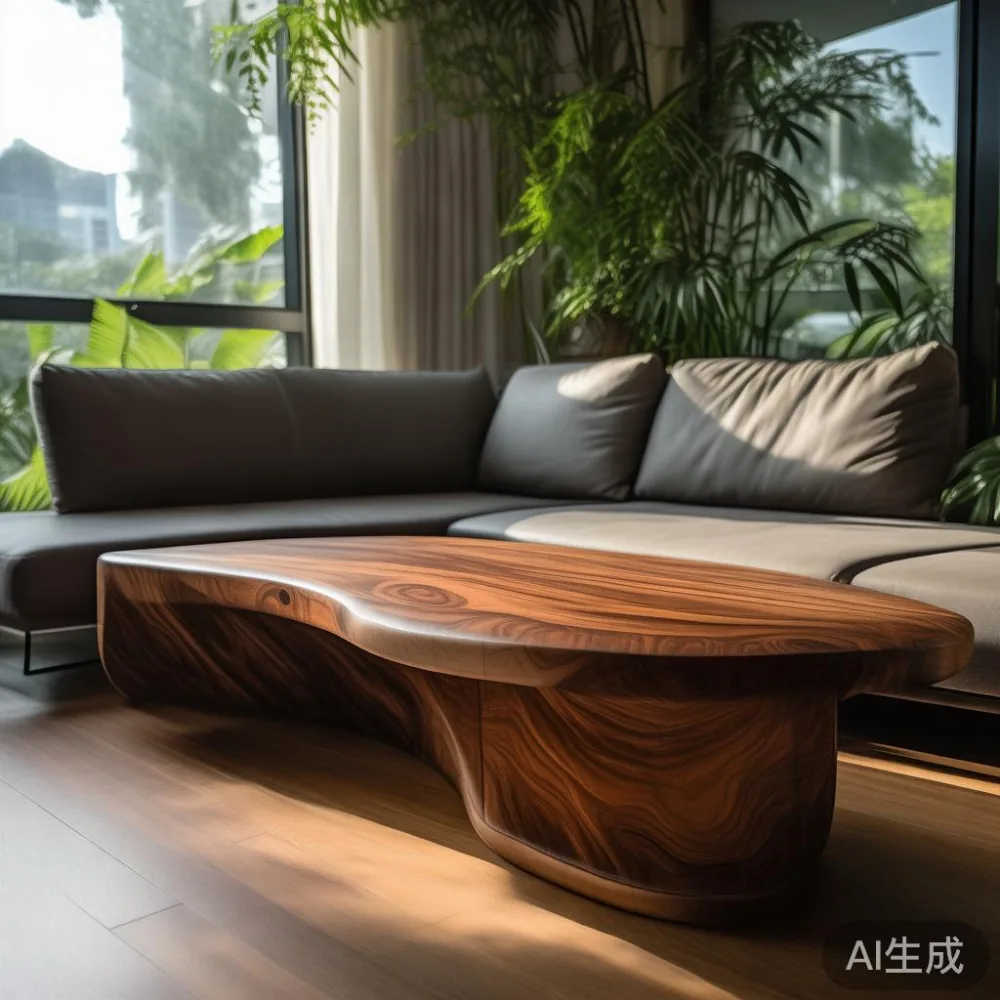 Custom curved solid wood coffee table in an odd-shaped Singapore condo living room