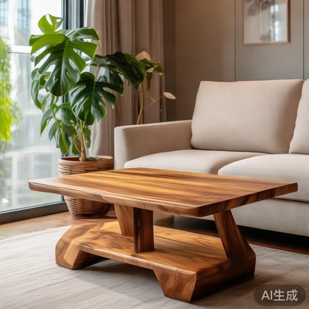 Compact solid acacia wood coffee table in a 3-room Singapore HDB living room with a 3-seater sofa and potted monstera