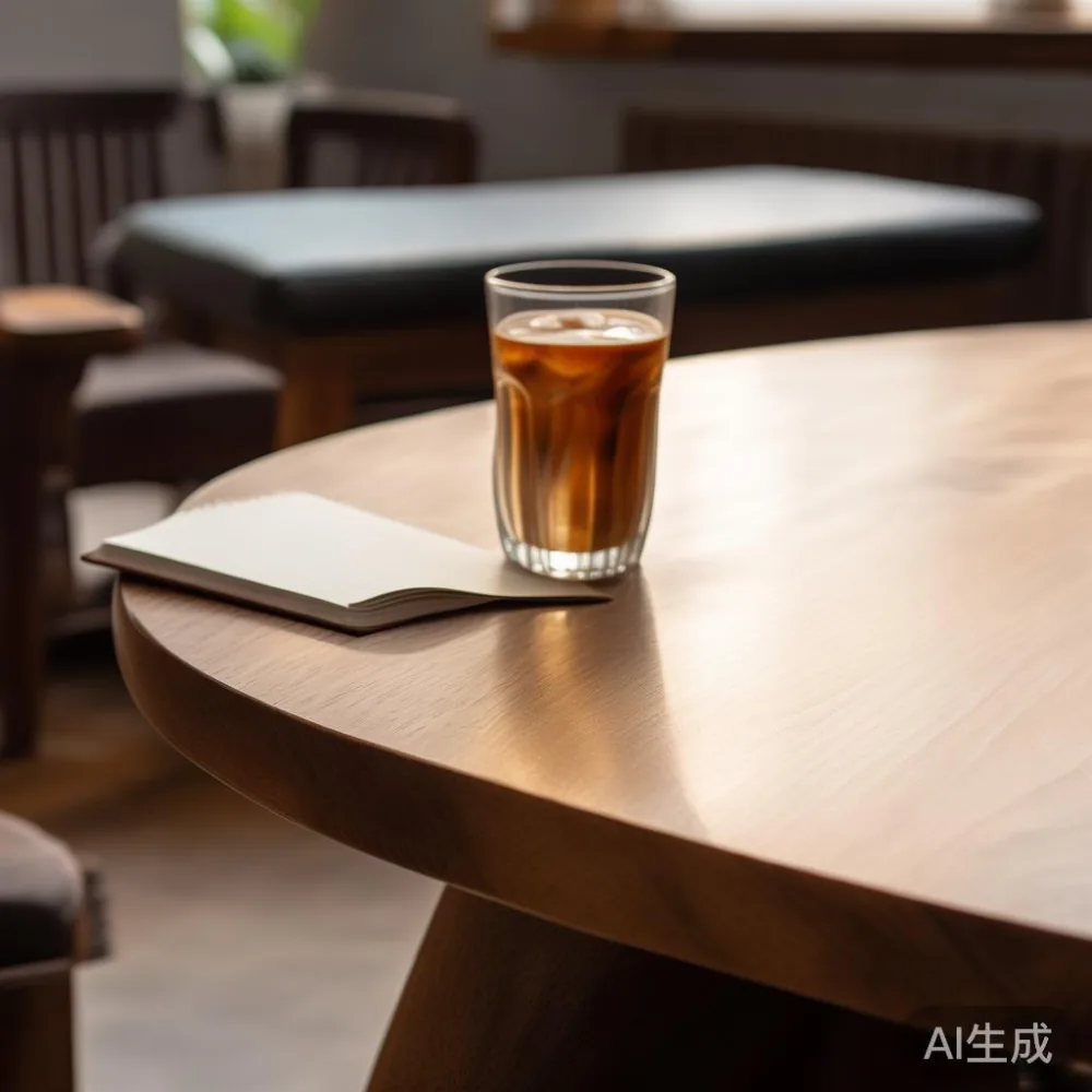 Rounded-edge solid wood coffee table top with iced kopi and notebook in a Singapore home