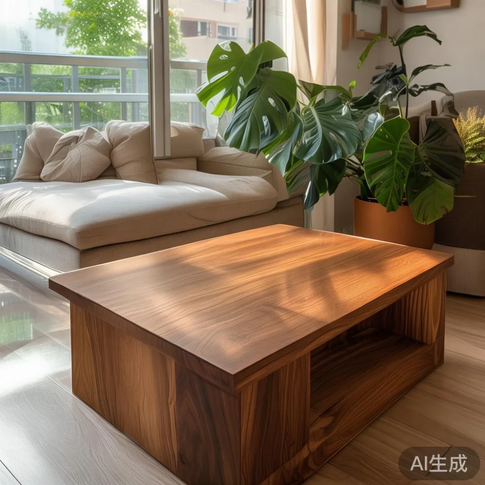 Compact solid teak coffee table in a 3-room HDB living room with natural balcony light