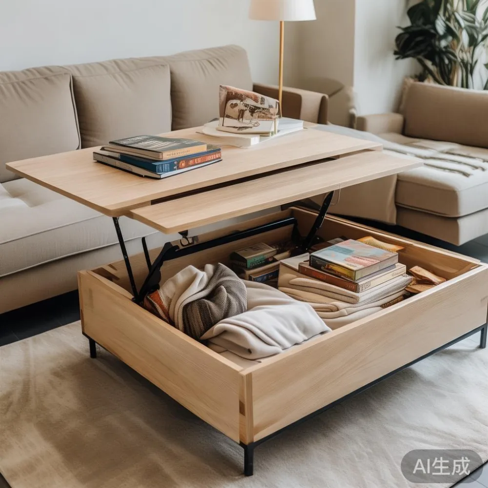 Open lift-top storage coffee table with blankets and board games in a small condo