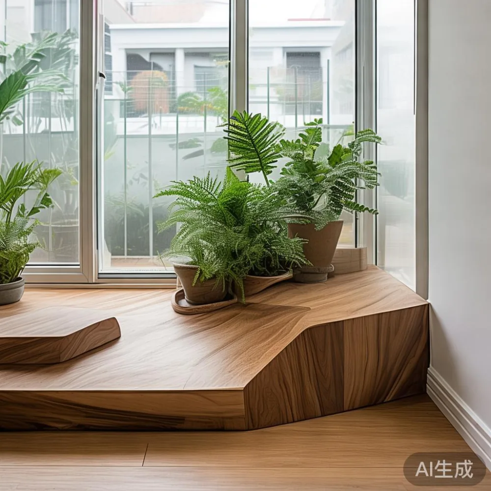Custom angled solid wood coffee table fitting an HDB living room nook by a balcony