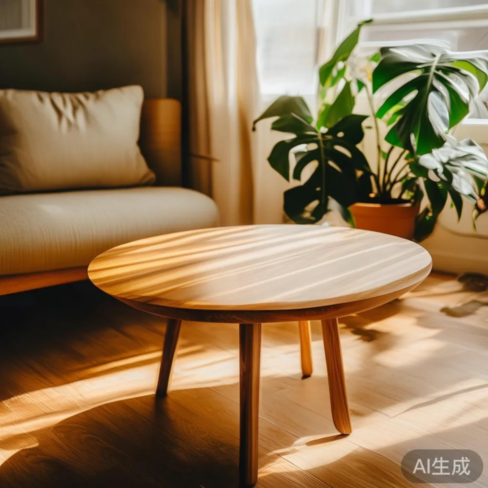Small round solid teak coffee table in a compact Singapore HDB living room with beige sofa and monstera plant