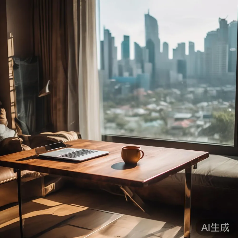 Lift-top coffee table raised to desk height in a small Singapore condo with city view