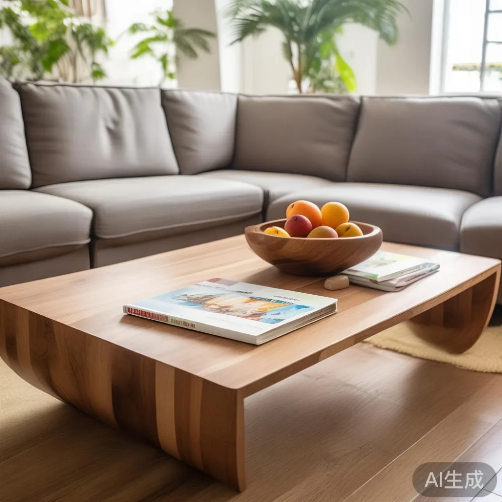 Rounded-edge solid wood coffee table with children’s books and fruit bowl in a Singapore family home