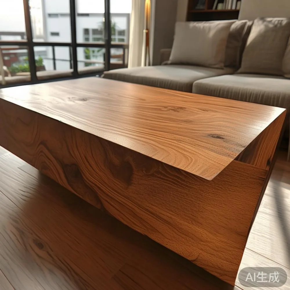 Solid wood coffee table in HDB living room with sofa and TV unit