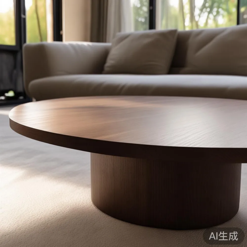 Round coffee table with rounded edges next to modern sofa