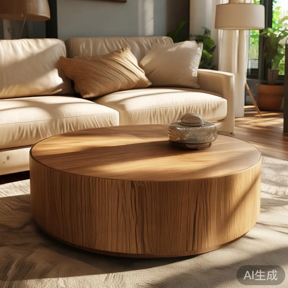 Round oak coffee table with storage compartments next to a beige leather sofa in a Singapore living room