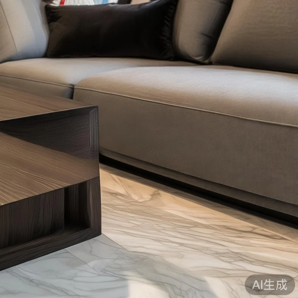 Dark wood coffee table with rounded corners beside a grey fabric sofa in a modern condo