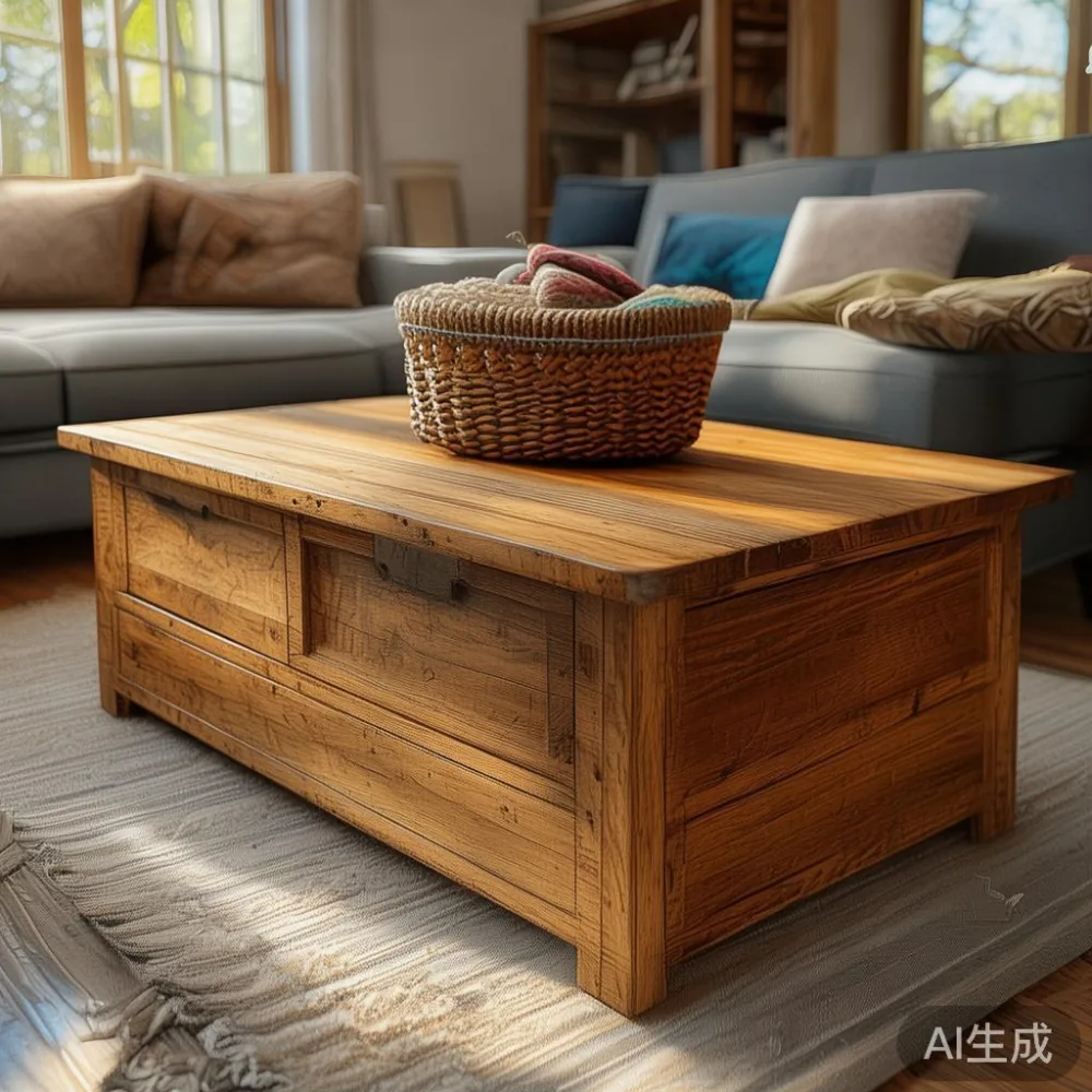 Rustic wooden coffee table with storage in a cozy living room