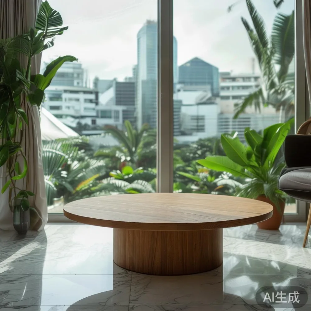 Small round oak coffee table in a compact Singapore condo living room
