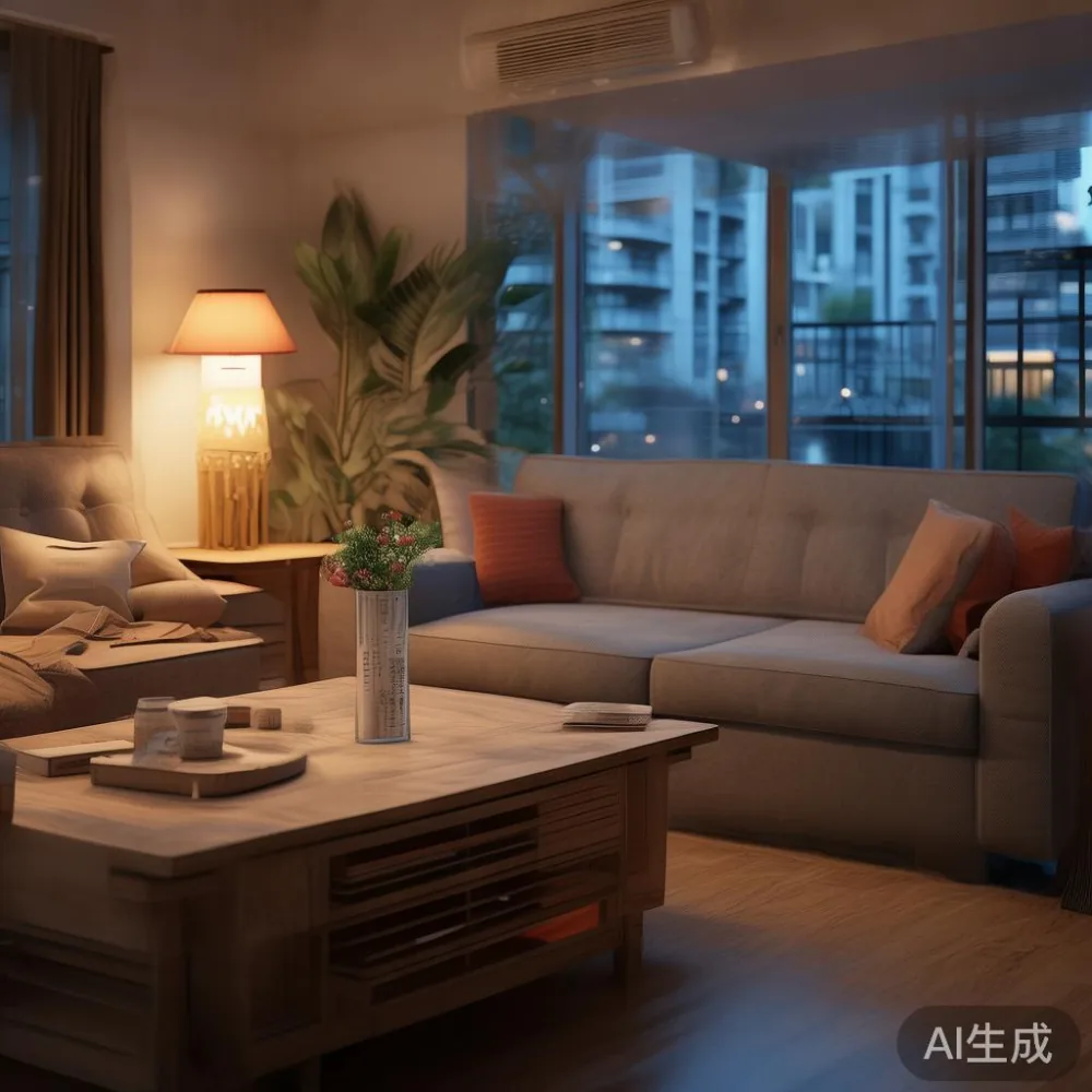 Styling a Small Singapore Apartment: A Practical Guide to Open, Calm I — room setting at dusk with warm lamp light, film